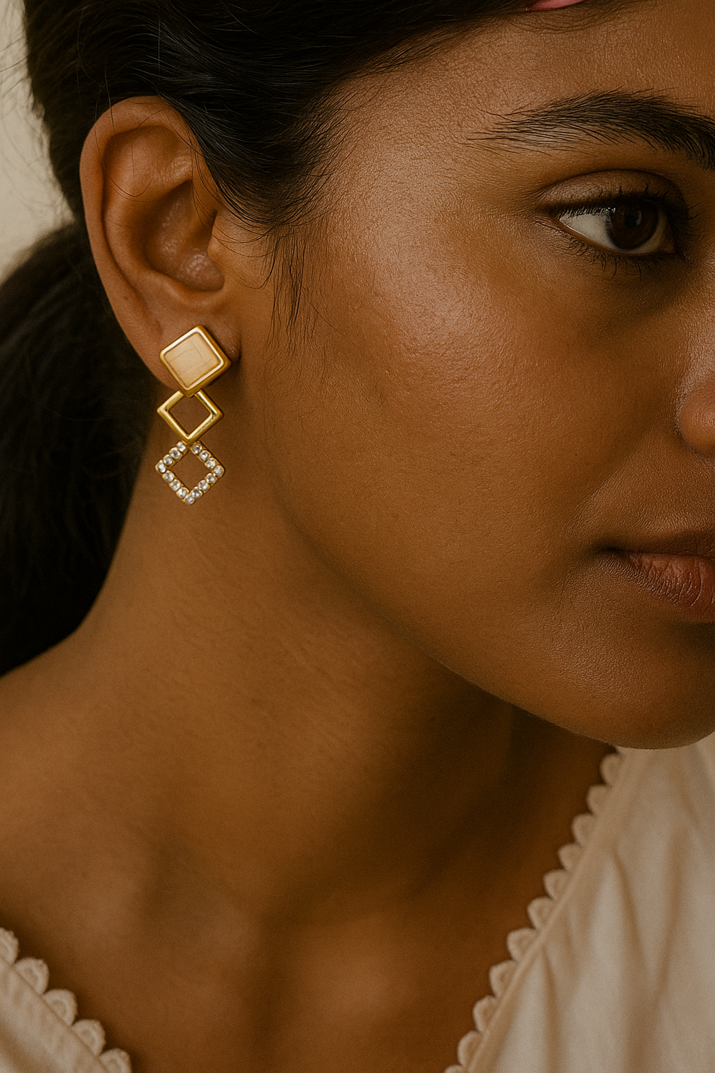 Geometric Golden Drop Earrings with Crystals | Elegant Party Jewelry