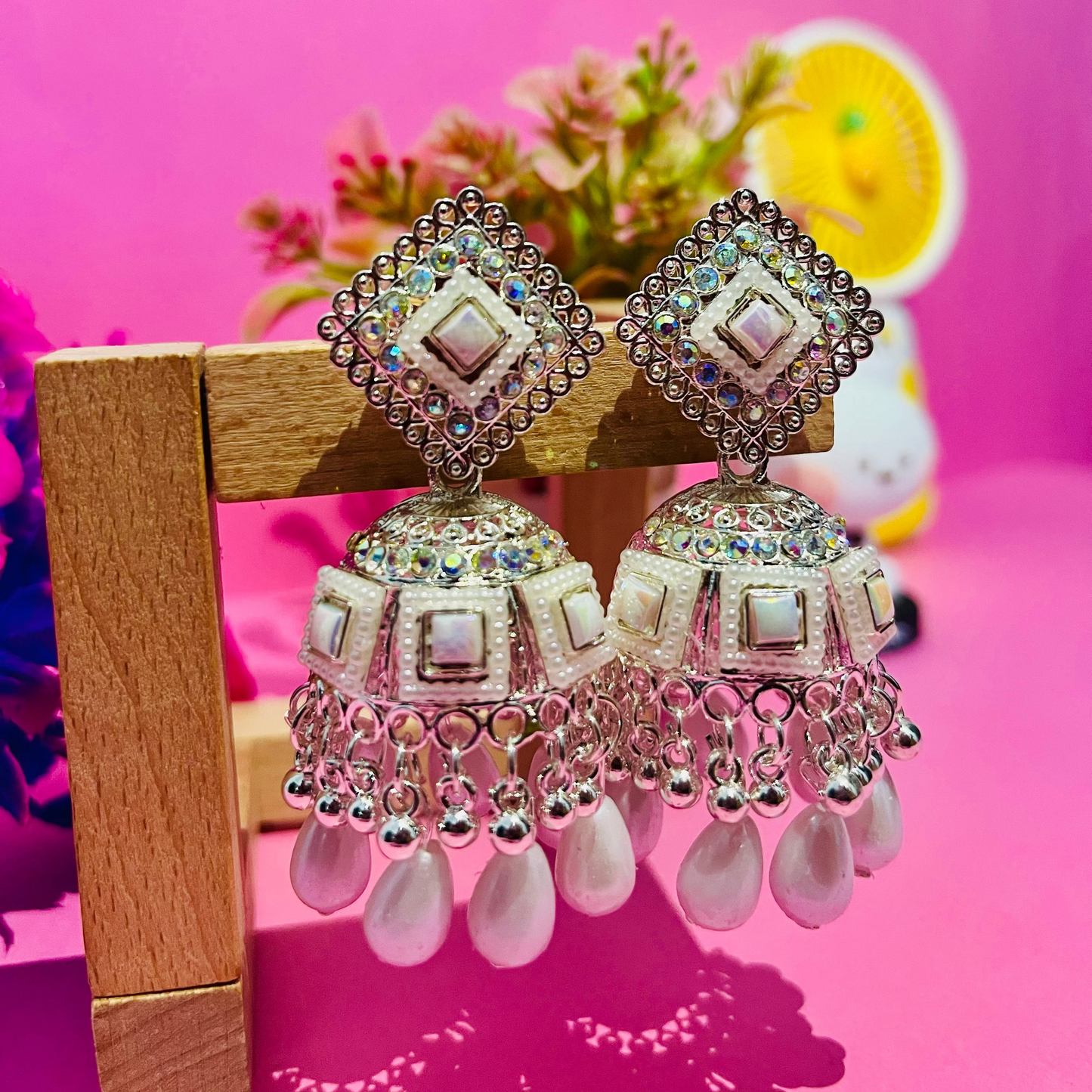 White Stone & Pearl Jhumka Earrings Online | Ethnic Partywear Earrings