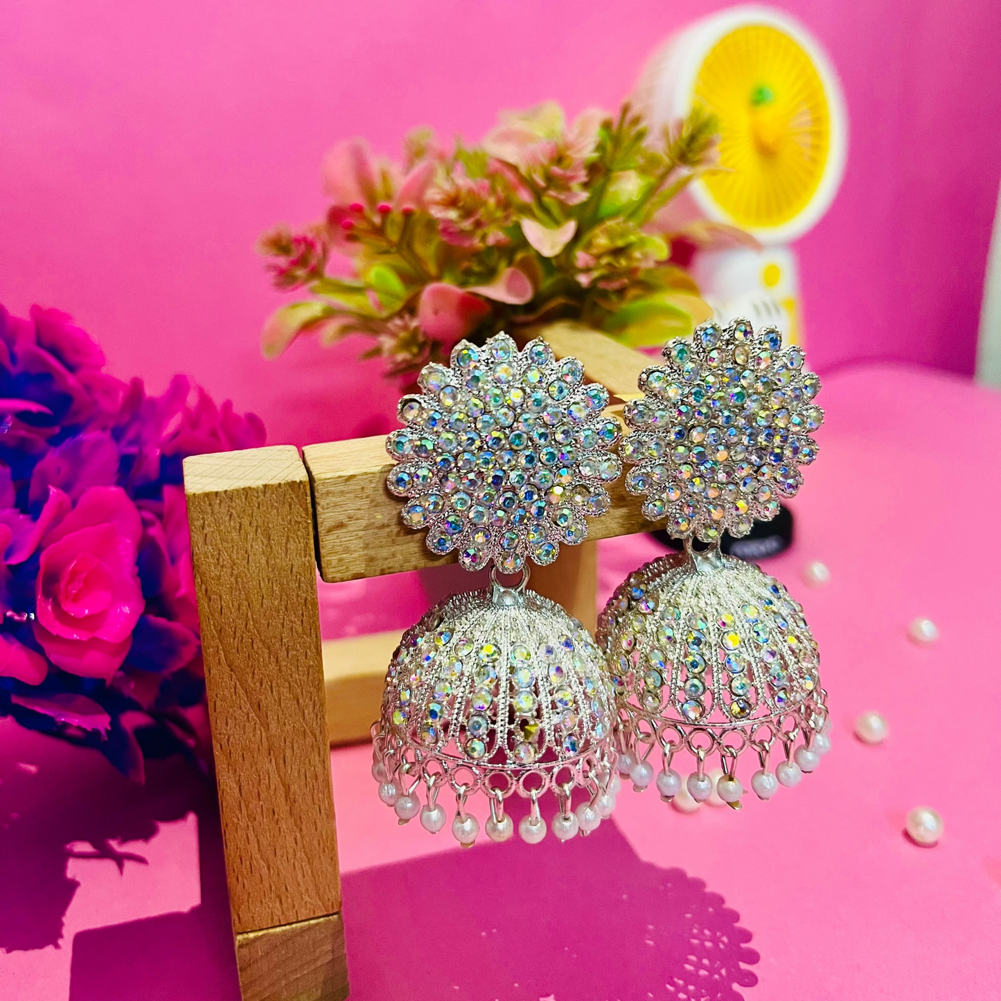 Premium Silver Crystal Jhumka Earrings with Pearl Drops | Ethnic Partywear |