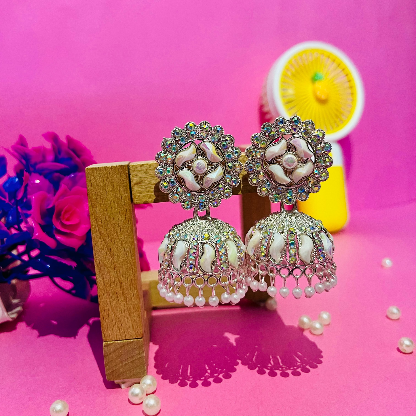 Premium Floral Pearl & Crystal Jhumka Earrings | White Enamel Ethnic Jewelry