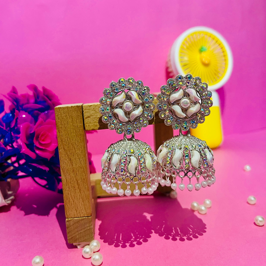 Premium Floral Pearl & Crystal Jhumka Earrings | White Enamel Ethnic Jewelry