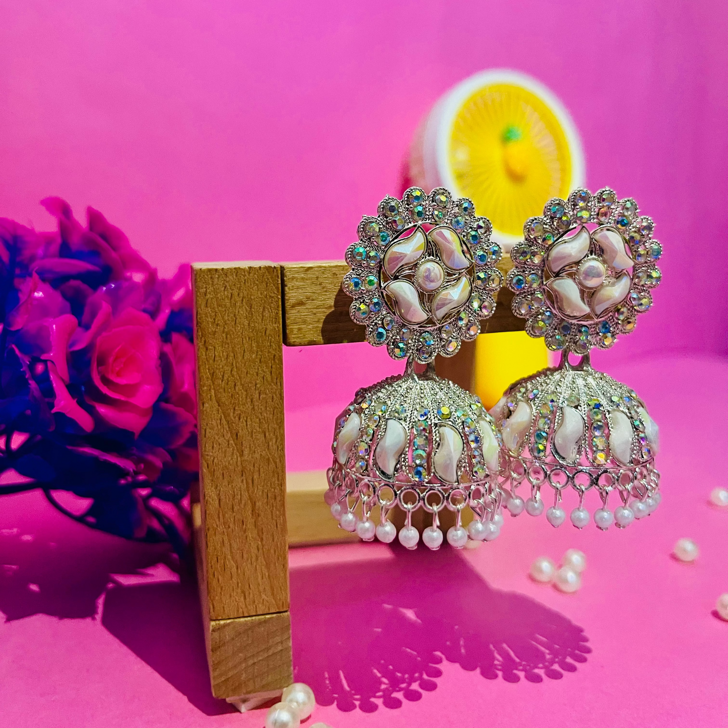 Premium Floral Pearl & Crystal Jhumka Earrings | White Enamel Ethnic Jewelry