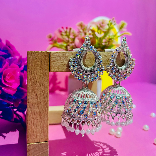 Peacock Crystal Jhumka Earrings with Pearl Drops | Silver Ethnic Earrings
