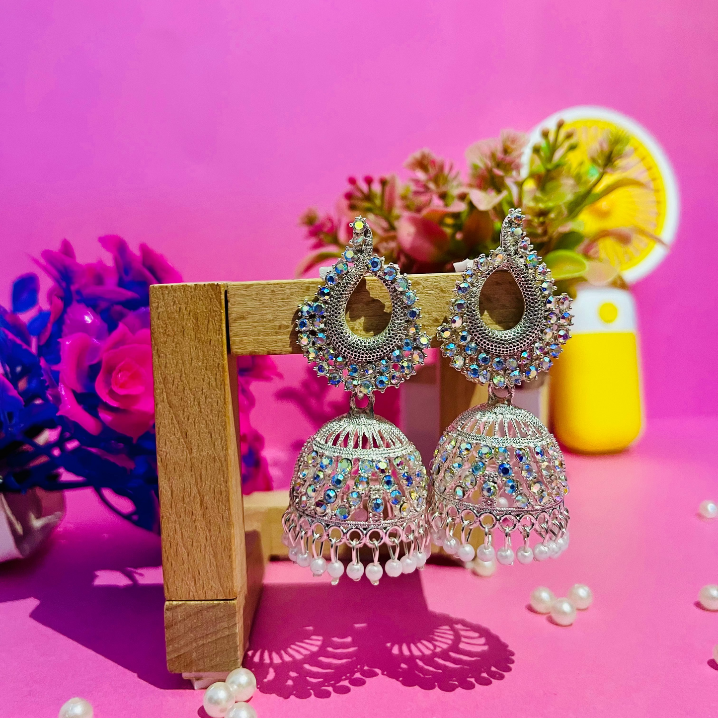 Peacock Crystal Jhumka Earrings with Pearl Drops | Silver Ethnic Earrings