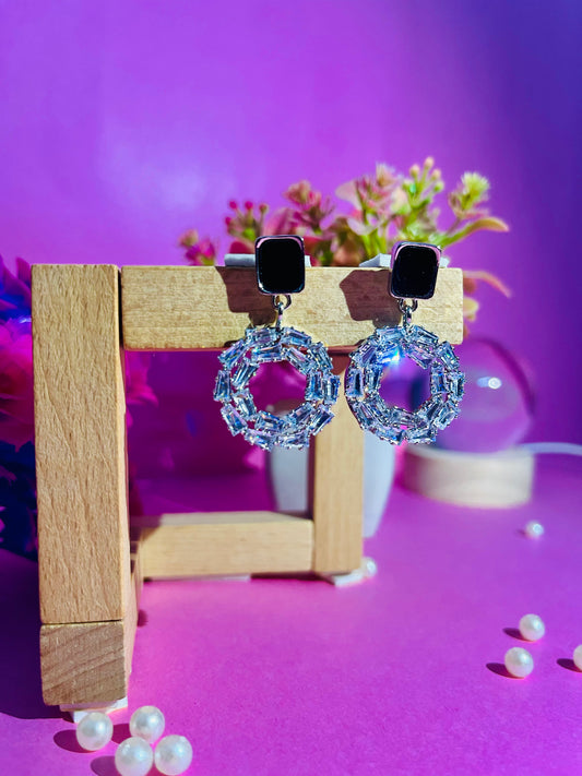 Black Stud Crystal Hoop Drop Earrings | Modern Partywear Jewelry