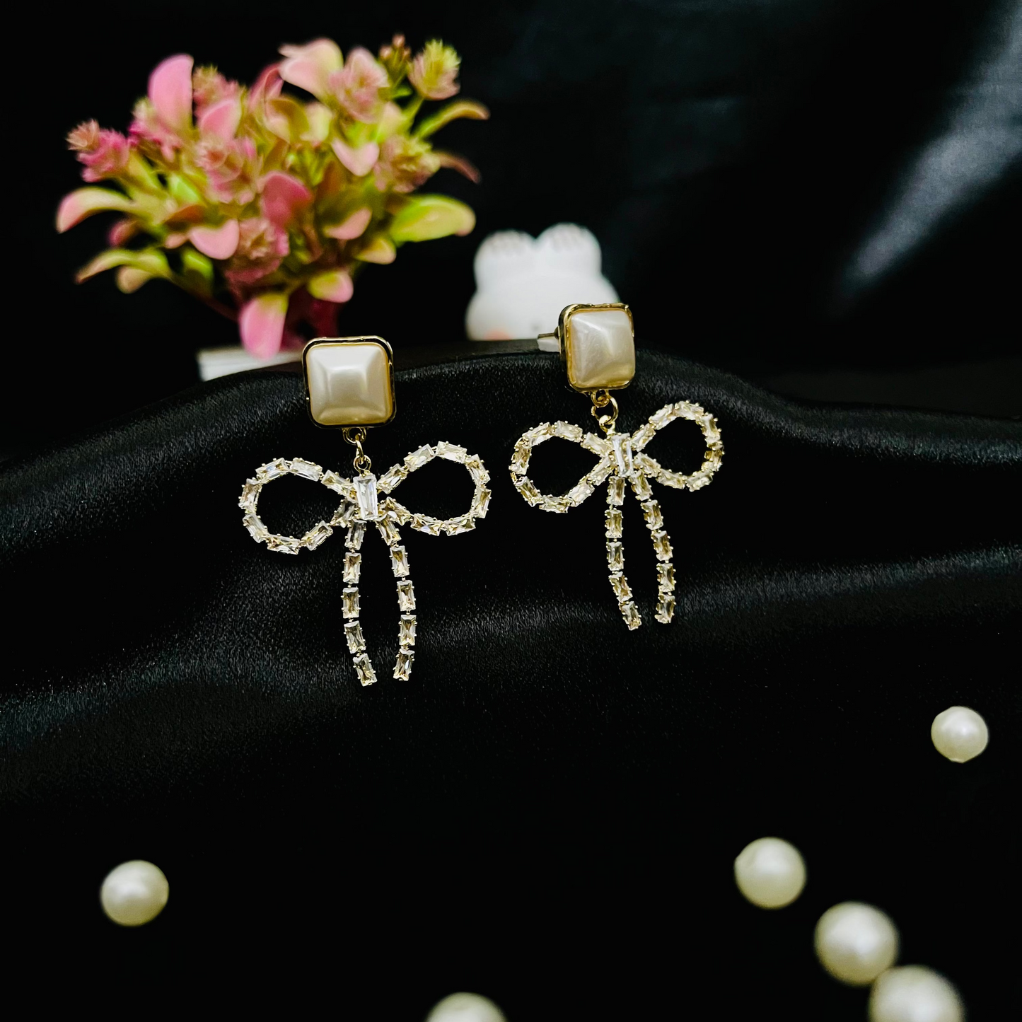 Pearl Stud Bow Crystal Earrings | Elegant Partywear Jewelry