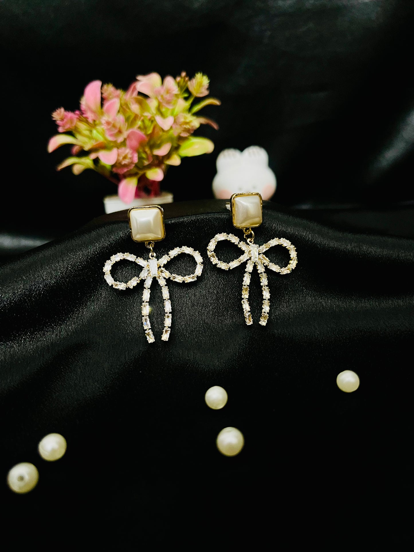 Pearl Stud Bow Crystal Earrings | Elegant Partywear Jewelry