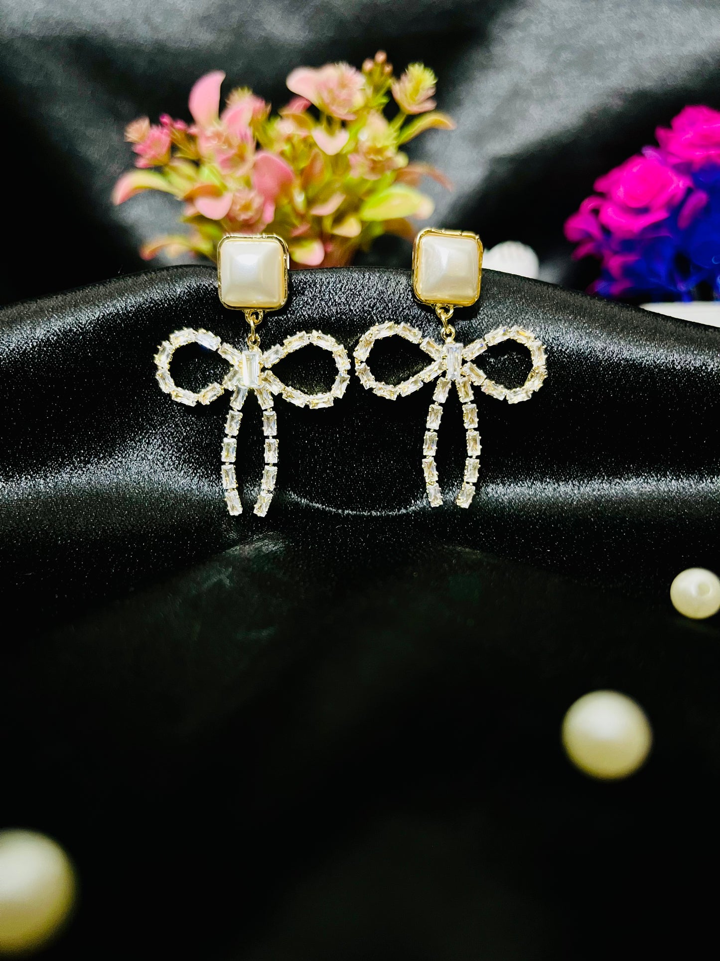 Pearl Stud Bow Crystal Earrings | Elegant Partywear Jewelry