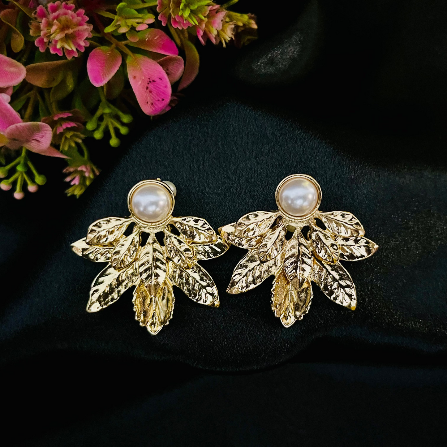 Gold Leaf Pearl Stud Earrings | Elegant Wedding & Party Jewelry