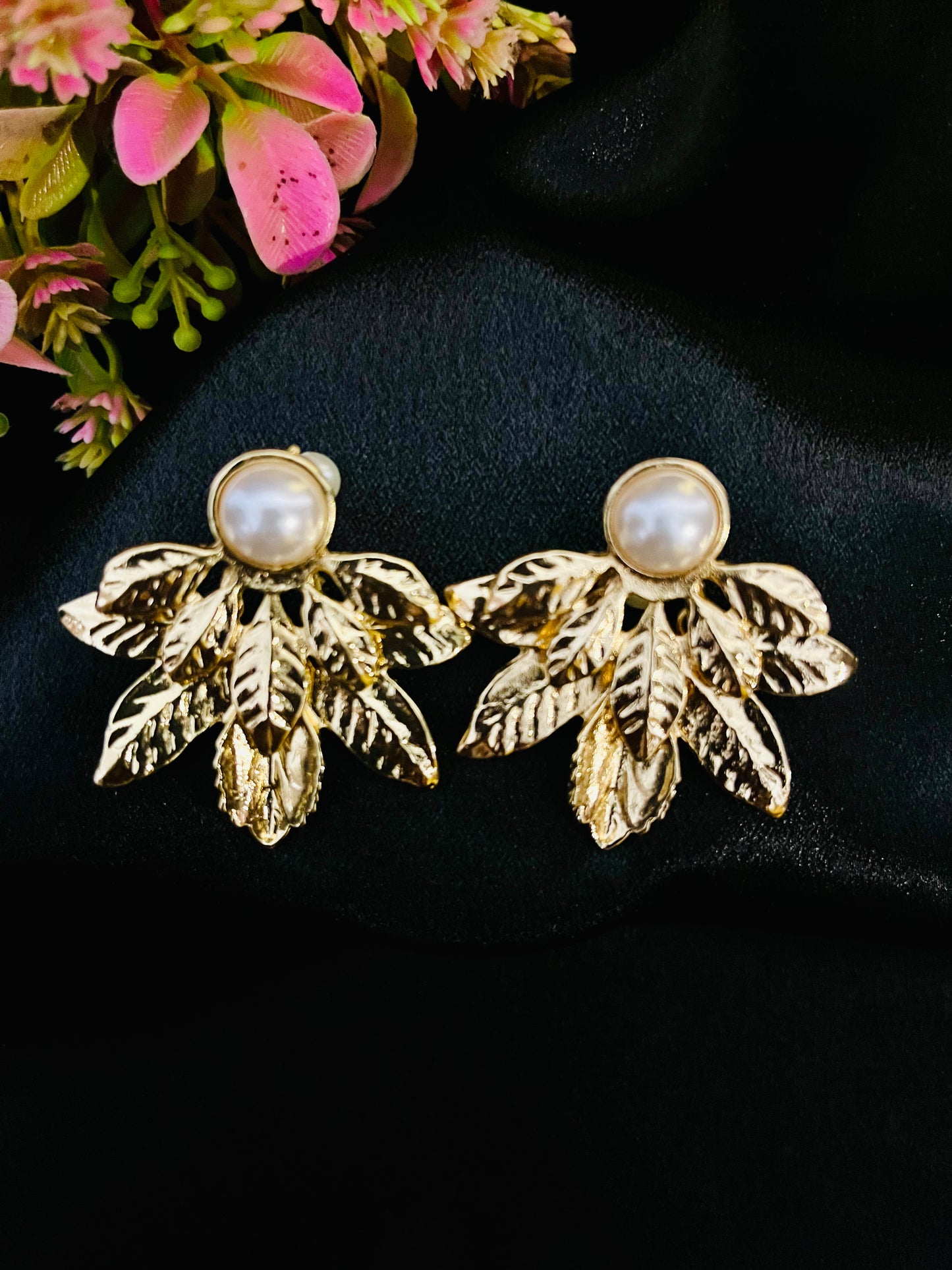 Gold Leaf Pearl Stud Earrings | Elegant Wedding & Party Jewelry