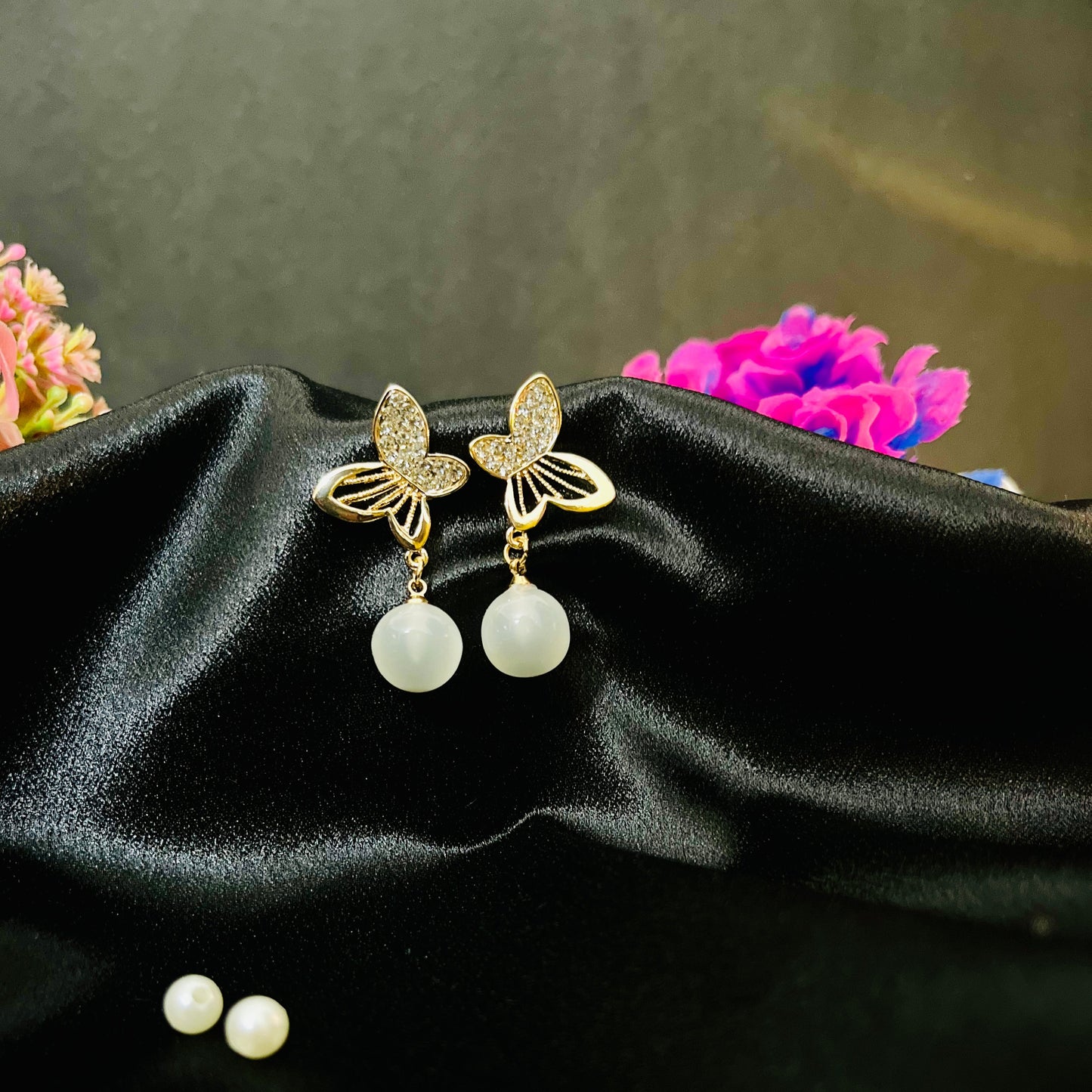 Golden Butterfly Pearl Drop Earrings | Elegant Party Jewelry