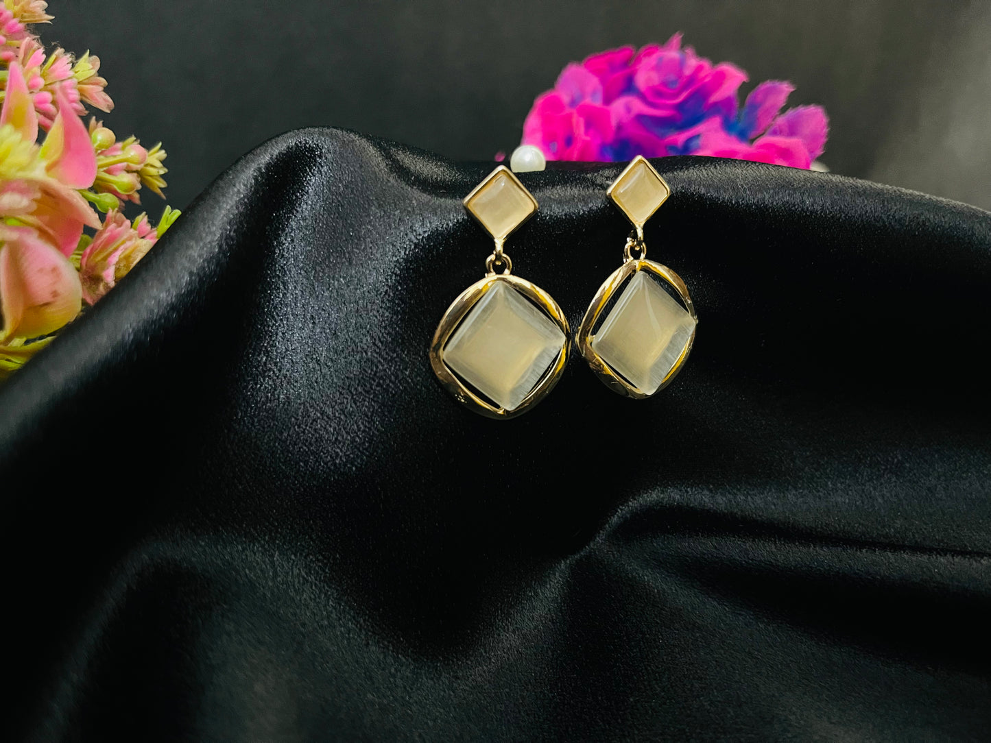 Golden Geometric Stone Drop Earrings | Modern Party Jewelry