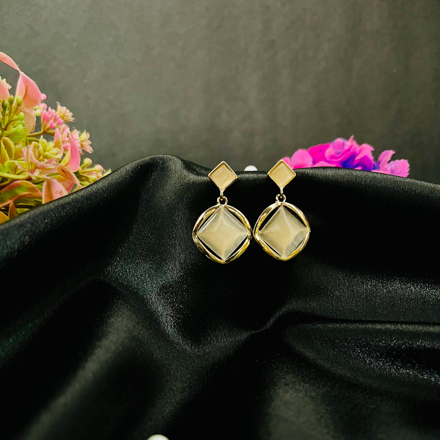 Golden Geometric Stone Drop Earrings | Modern Party Jewelry