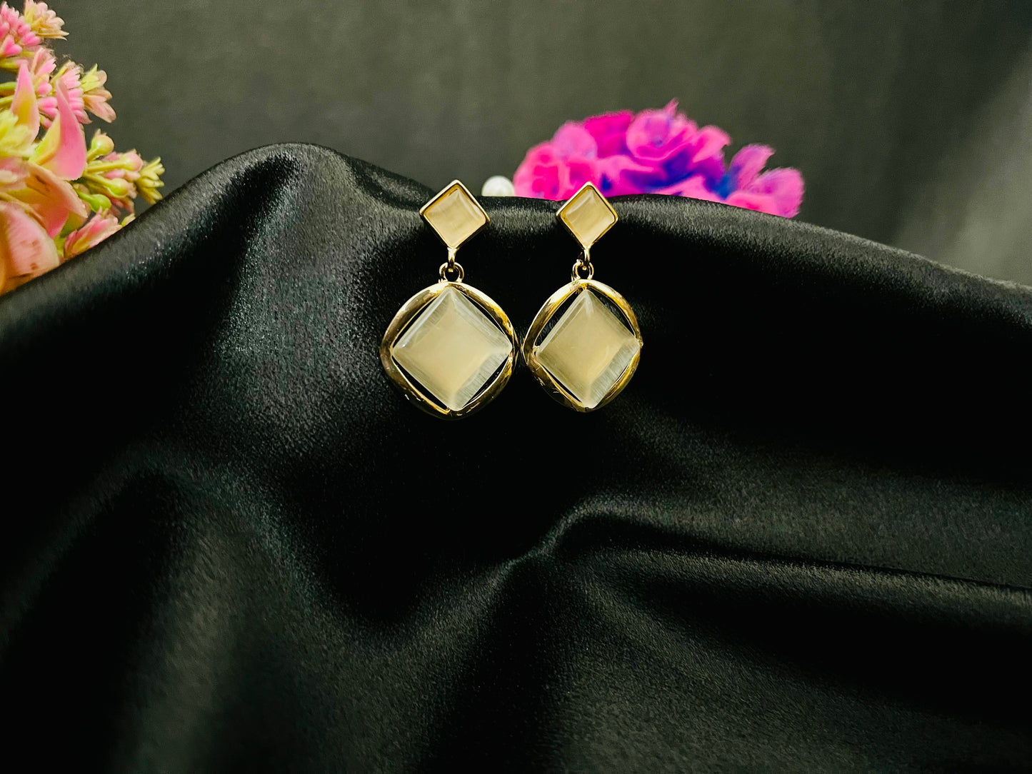 Golden Geometric Stone Drop Earrings | Modern Party Jewelry
