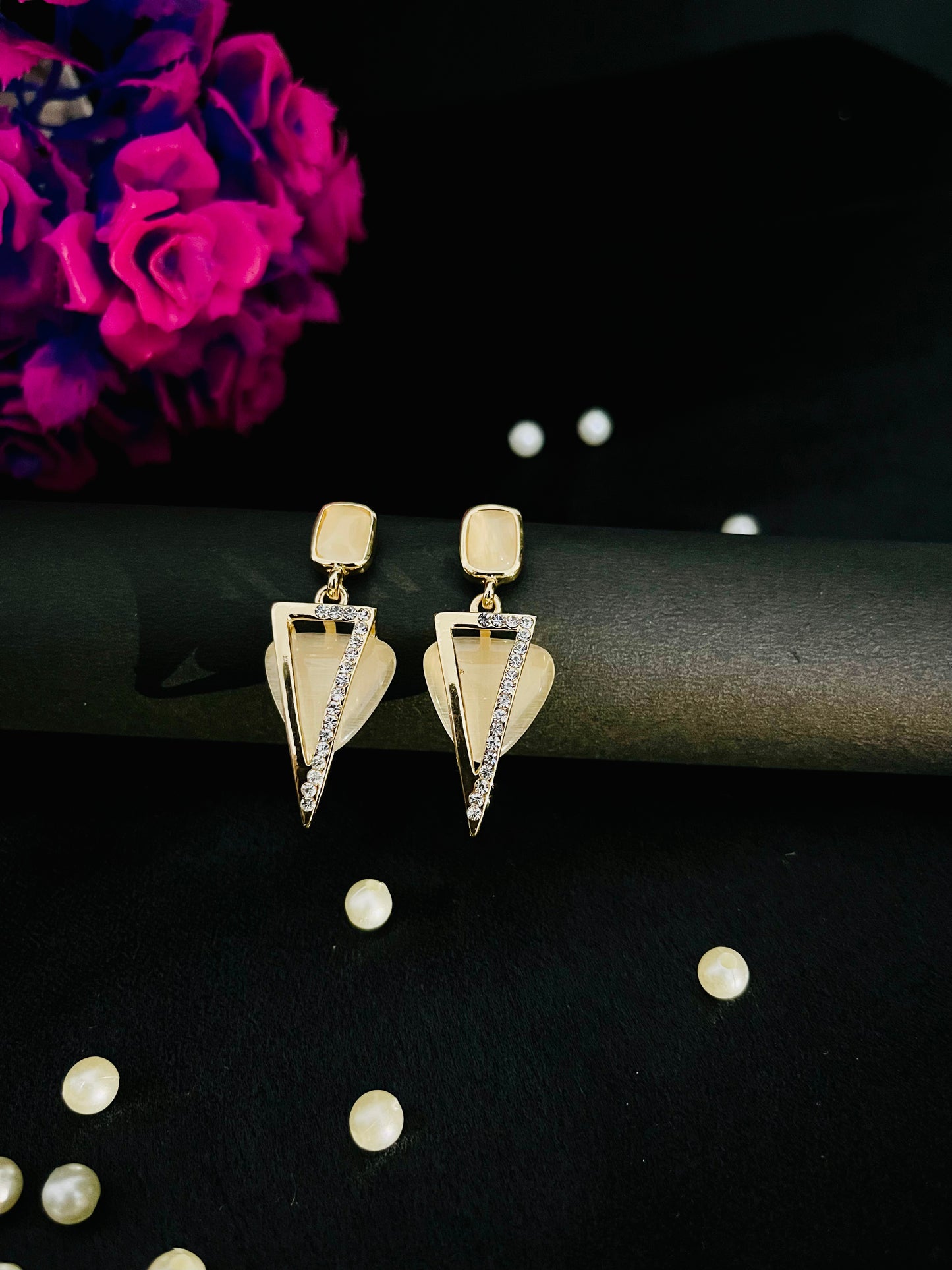 Golden Triangle Statement Earrings with Crystal Accents | Party Jewelry
