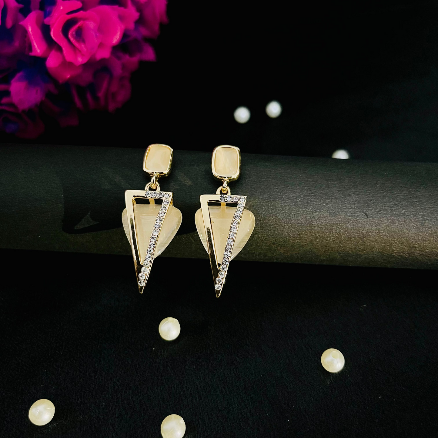 Golden Triangle Statement Earrings with Crystal Accents | Party Jewelry