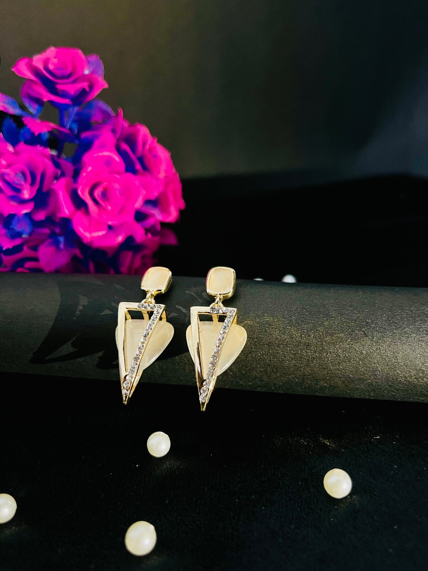 Golden Triangle Statement Earrings with Crystal Accents | Party Jewelry