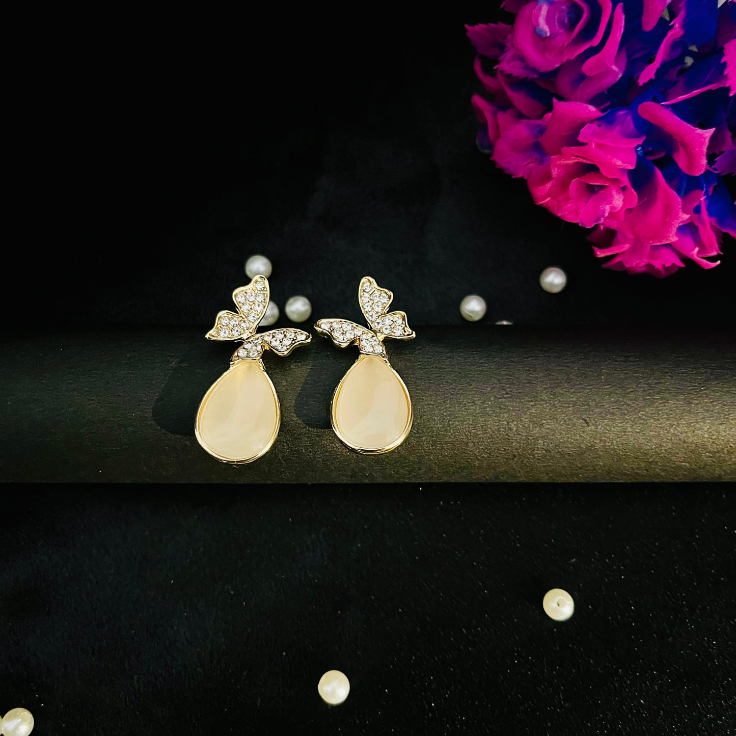 Golden Butterfly Drop Earrings with Crystal Accents | Elegant Party Jewelry