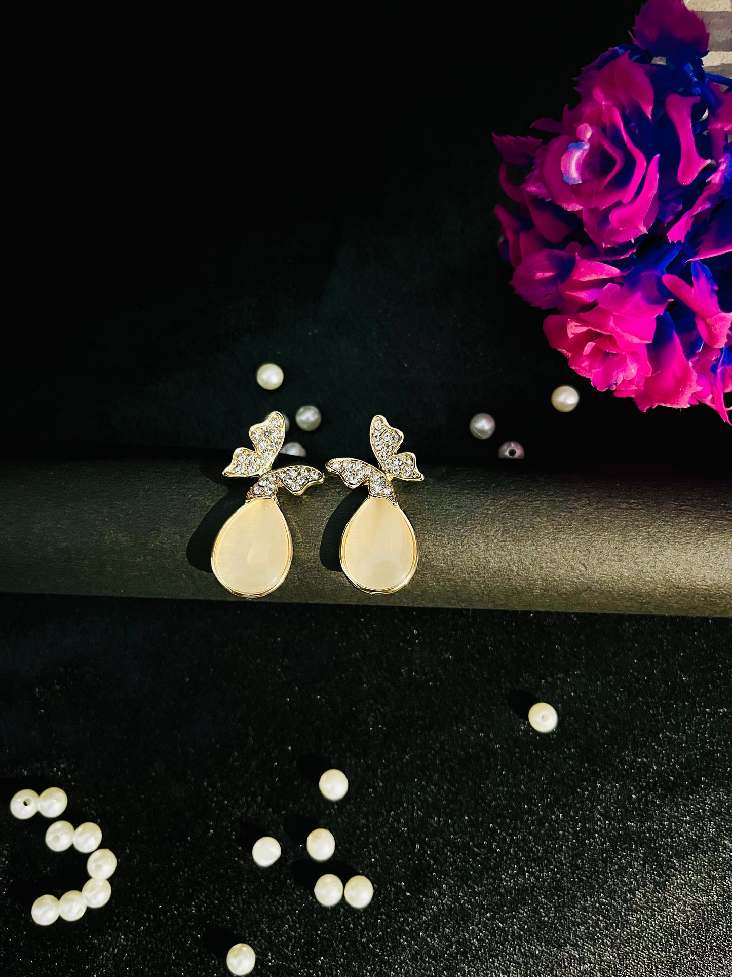 Golden Butterfly Drop Earrings with Crystal Accents | Elegant Party Jewelry