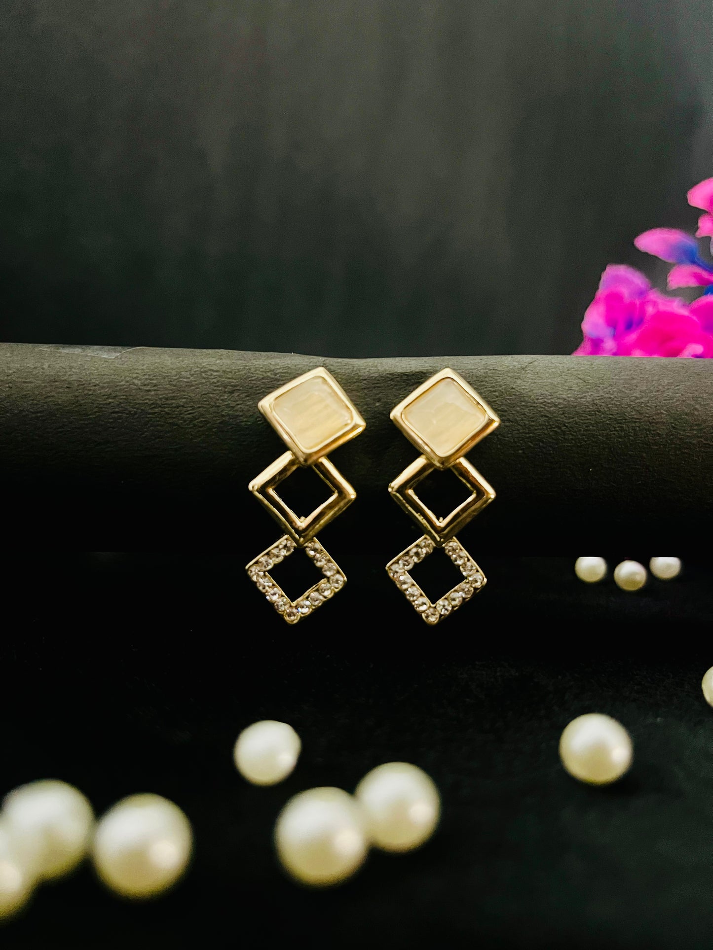 Geometric Golden Drop Earrings with Crystals | Elegant Party Jewelry