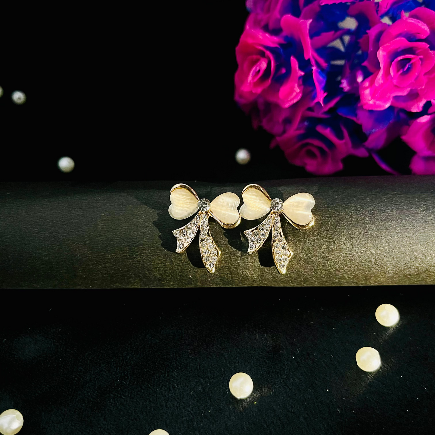 Golden Bow Stud Earrings with Heart Stones & Crystals | Elegant Women’s Jewelry