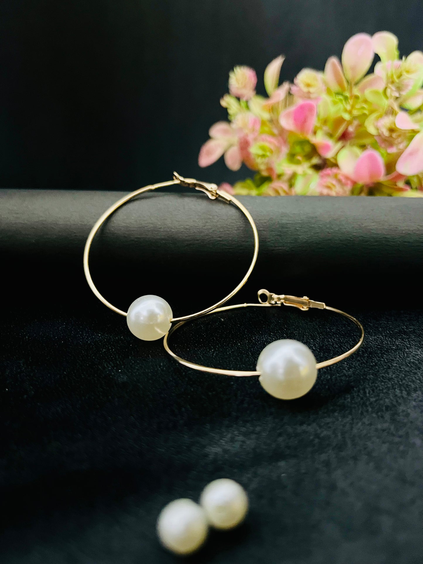 Golden Hoop Earrings with Pearl Accent | Minimal Elegant Hoops