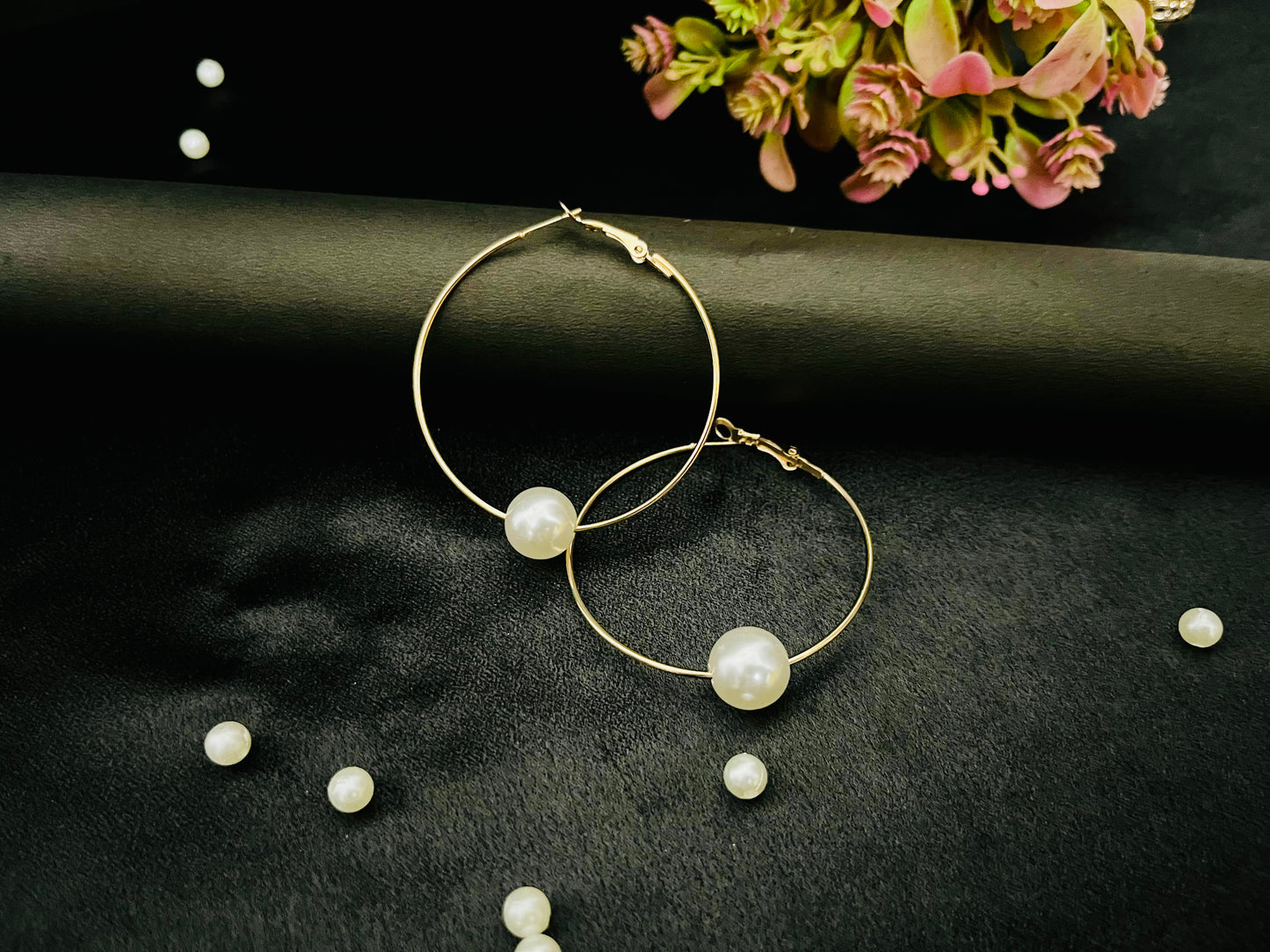 Golden Hoop Earrings with Pearl Accent | Minimal Elegant Hoops