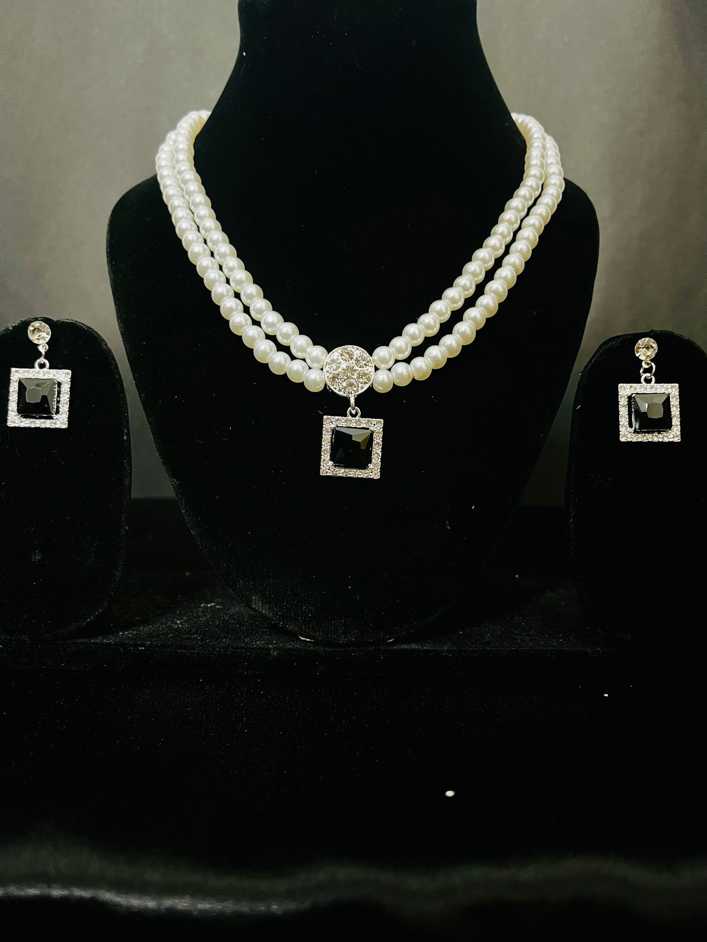 Royal Pearl Necklace Set with Black Stone Pendant & Earrings – Party & Bridal Jewelry