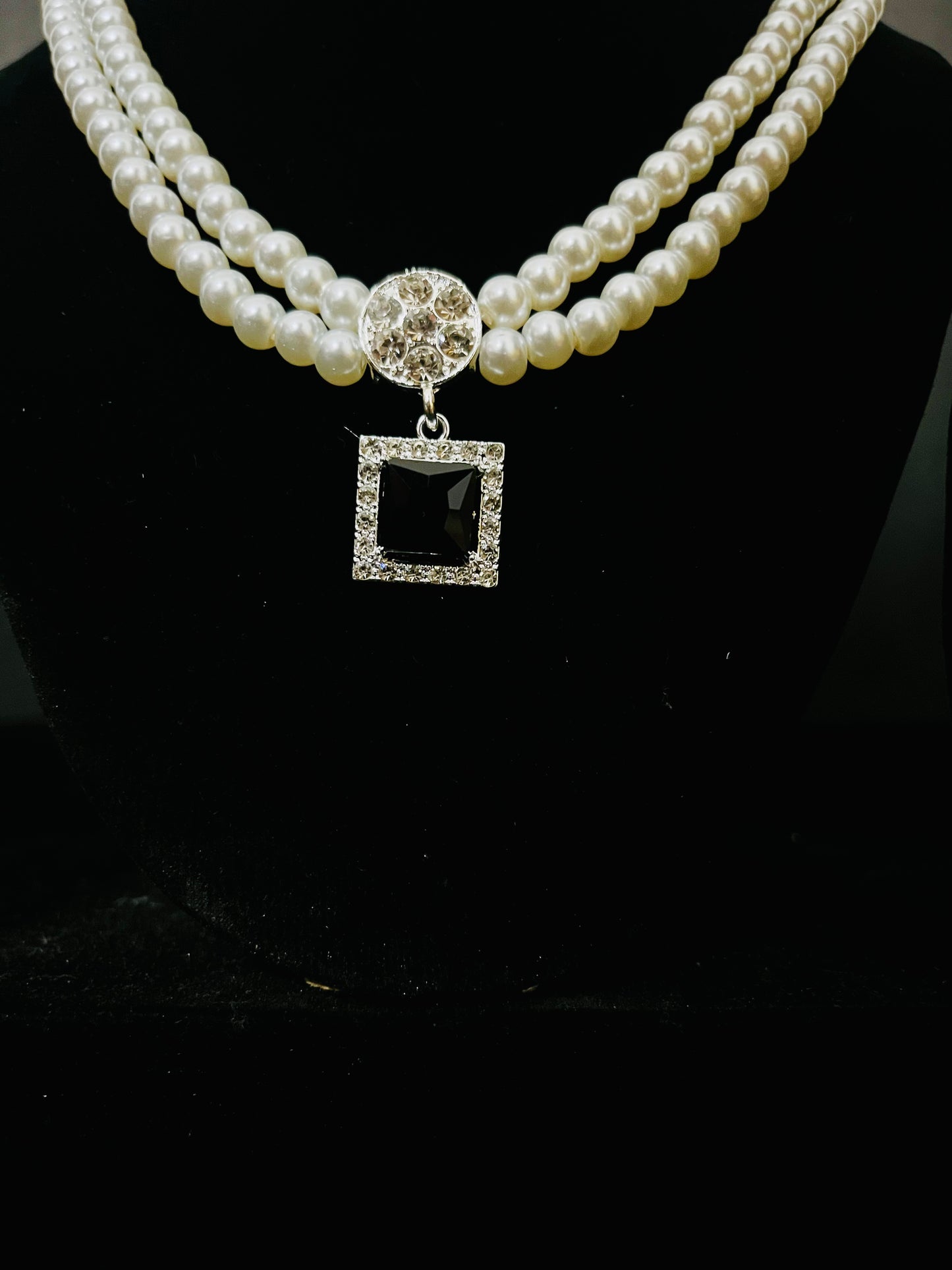 Royal Pearl Necklace Set with Black Stone Pendant & Earrings – Party & Bridal Jewelry