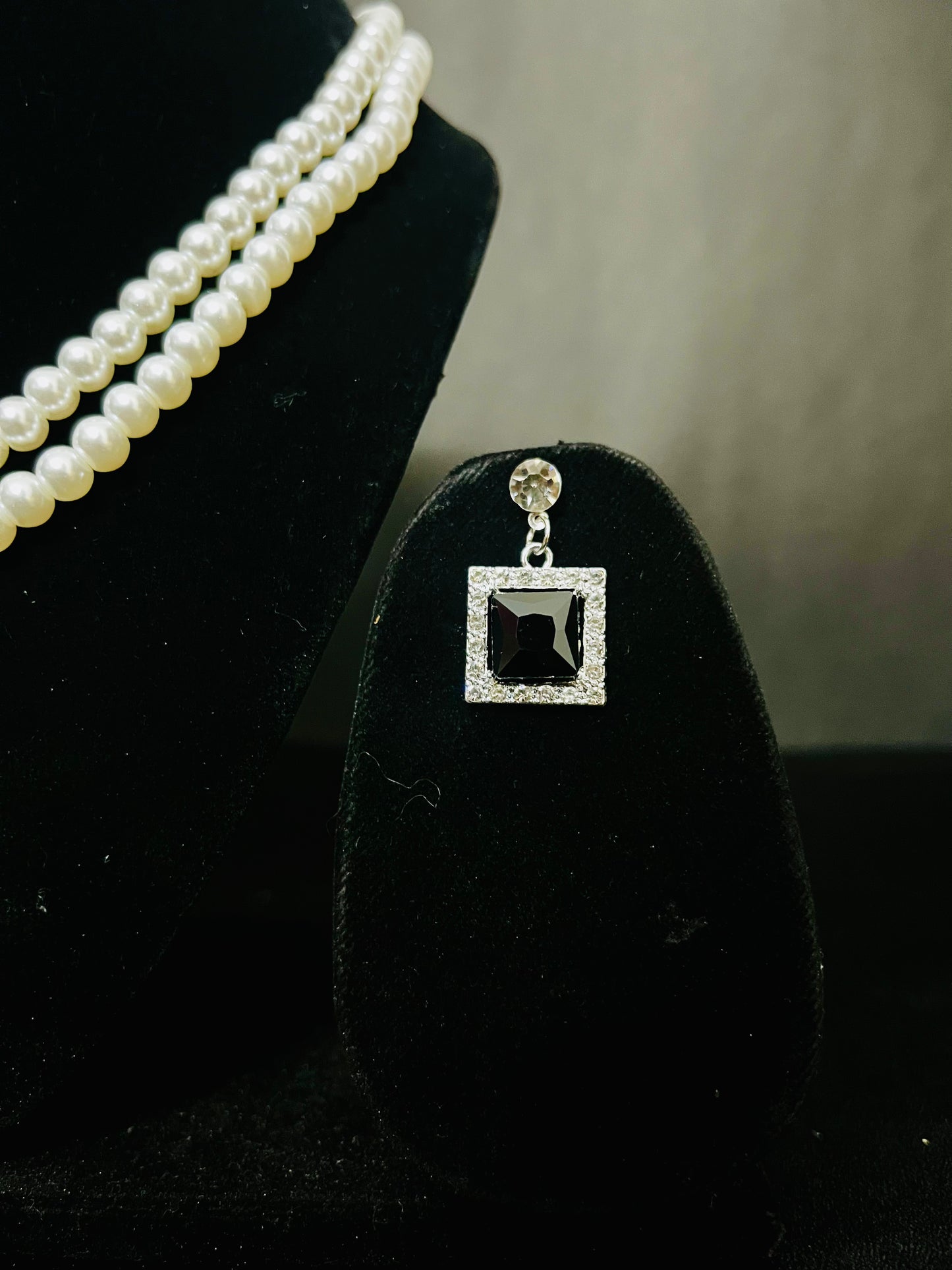 Royal Pearl Necklace Set with Black Stone Pendant & Earrings – Party & Bridal Jewelry