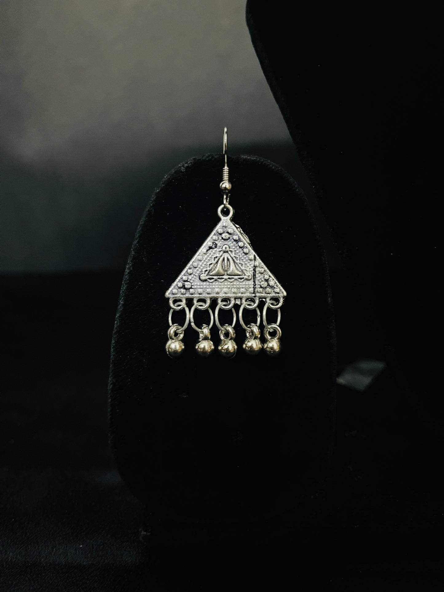 Lightweight Oxidized Necklace Set with Round Pendant & Triangle Jhumka Earrings