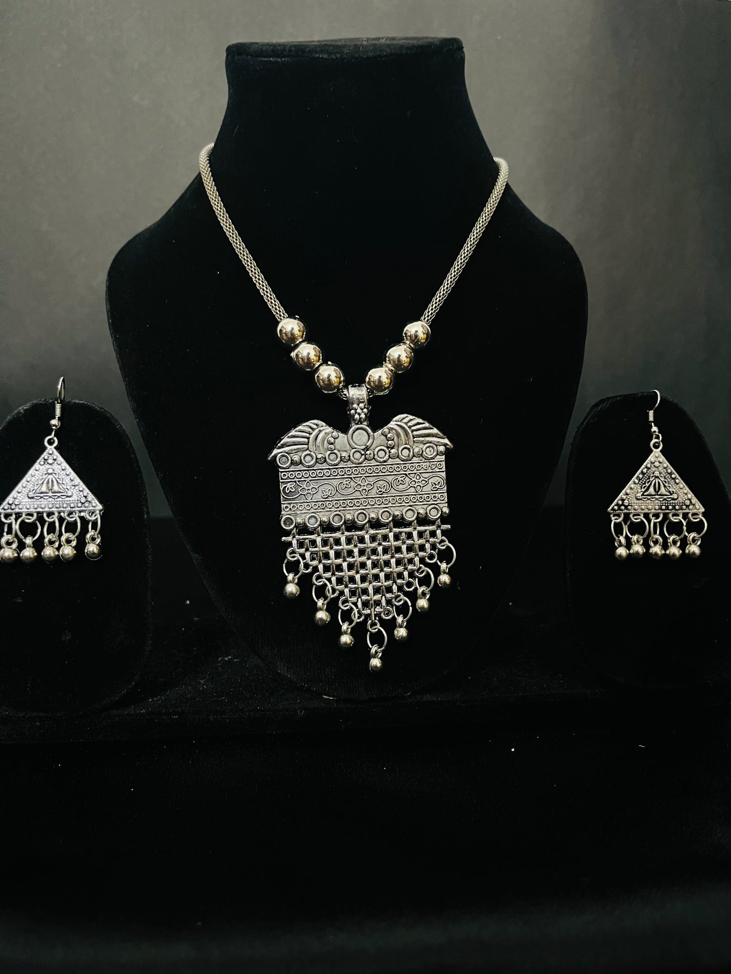 Oxidized Silver Necklace Set with Rectangular Pendant & Jhumka Earrings