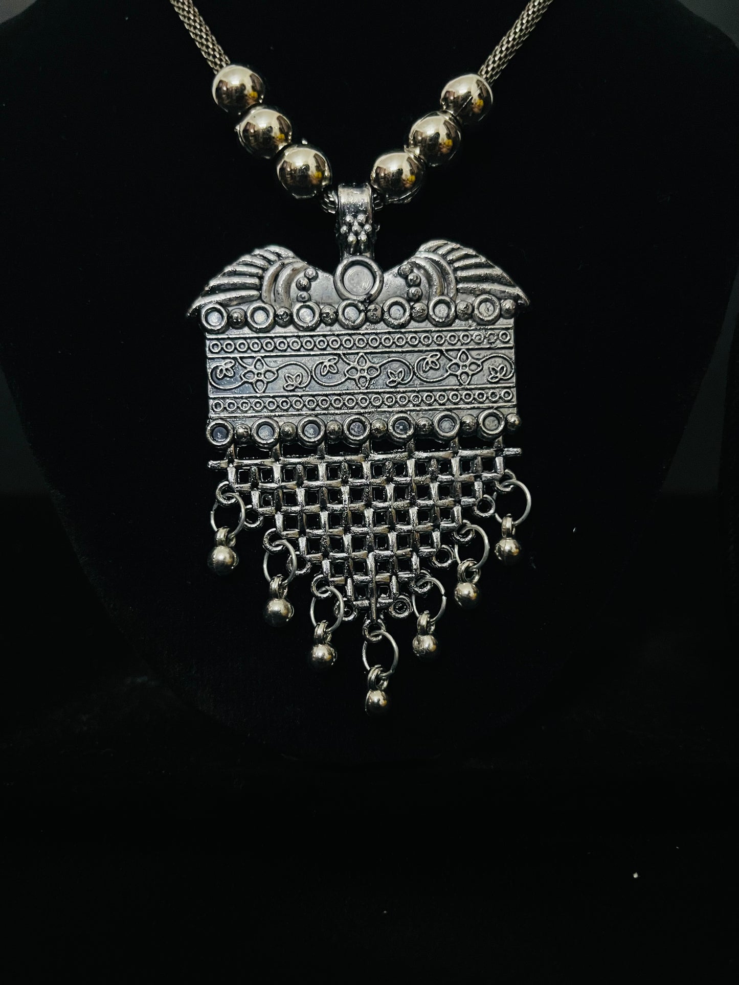 Oxidized Silver Necklace Set with Rectangular Pendant & Jhumka Earrings