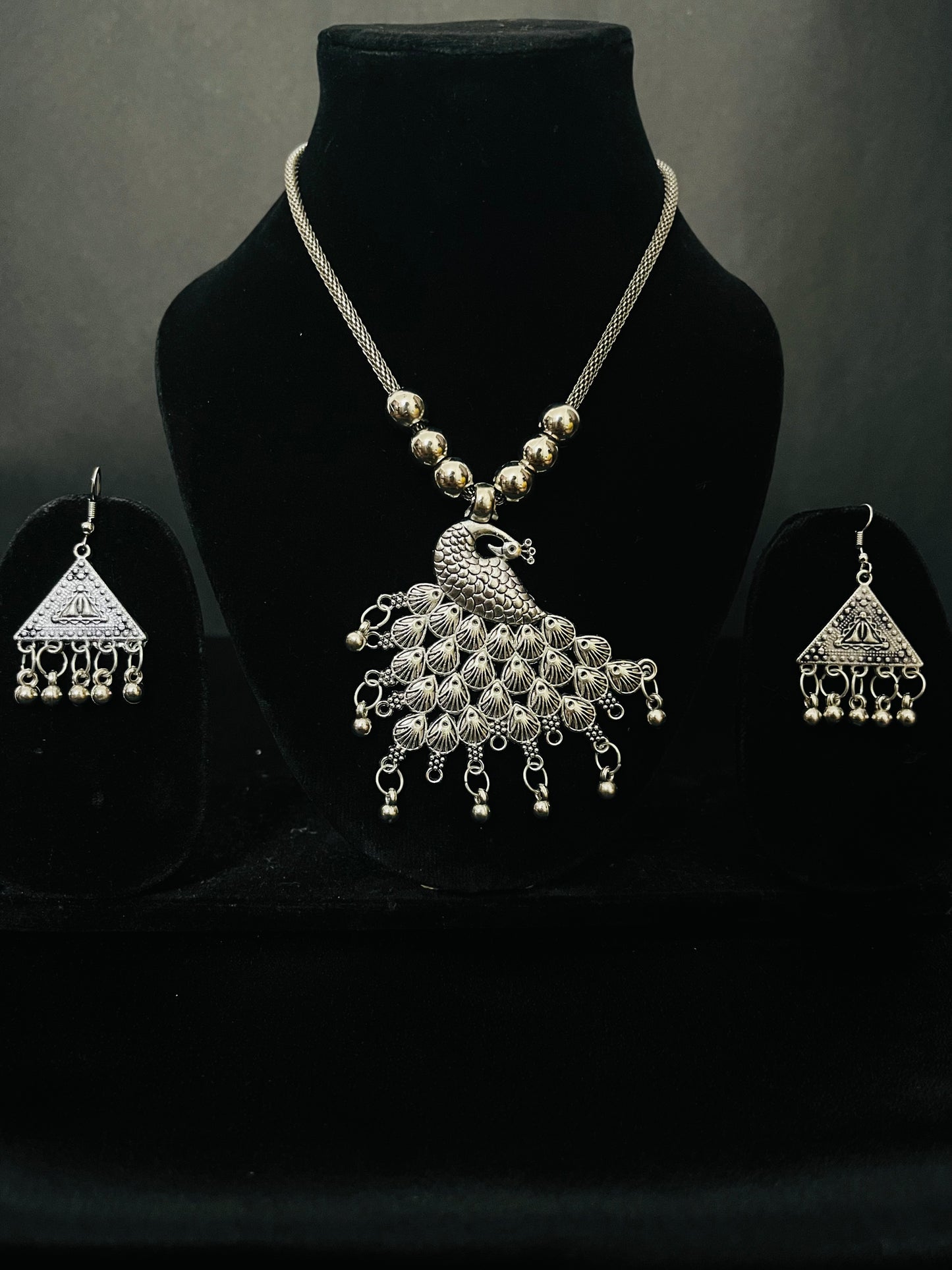 Lightweight Oxidized Necklace Set with Rectangular Pendant & Triangle Jhumkas