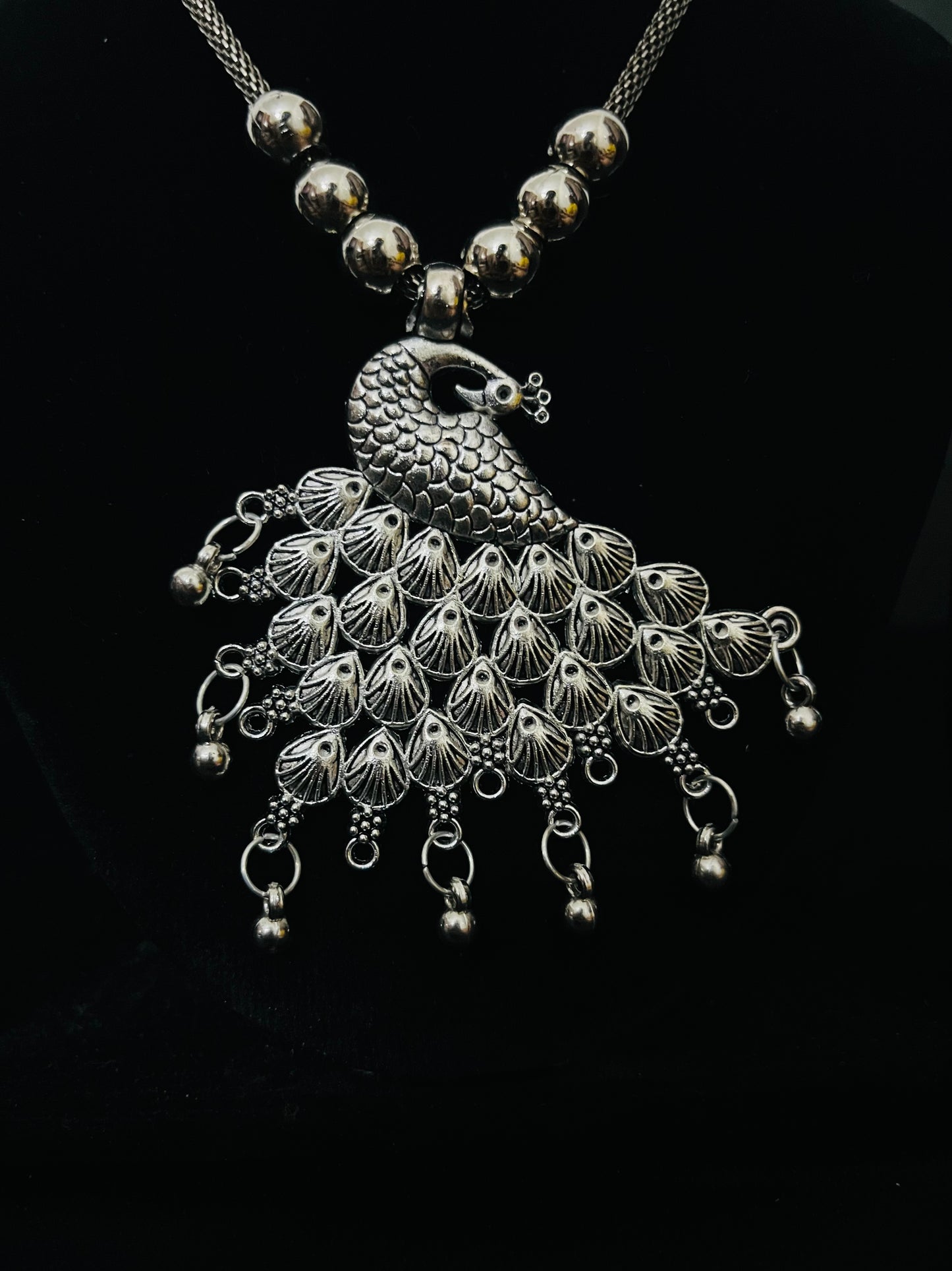 Lightweight Oxidized Necklace Set with Rectangular Pendant & Triangle Jhumkas