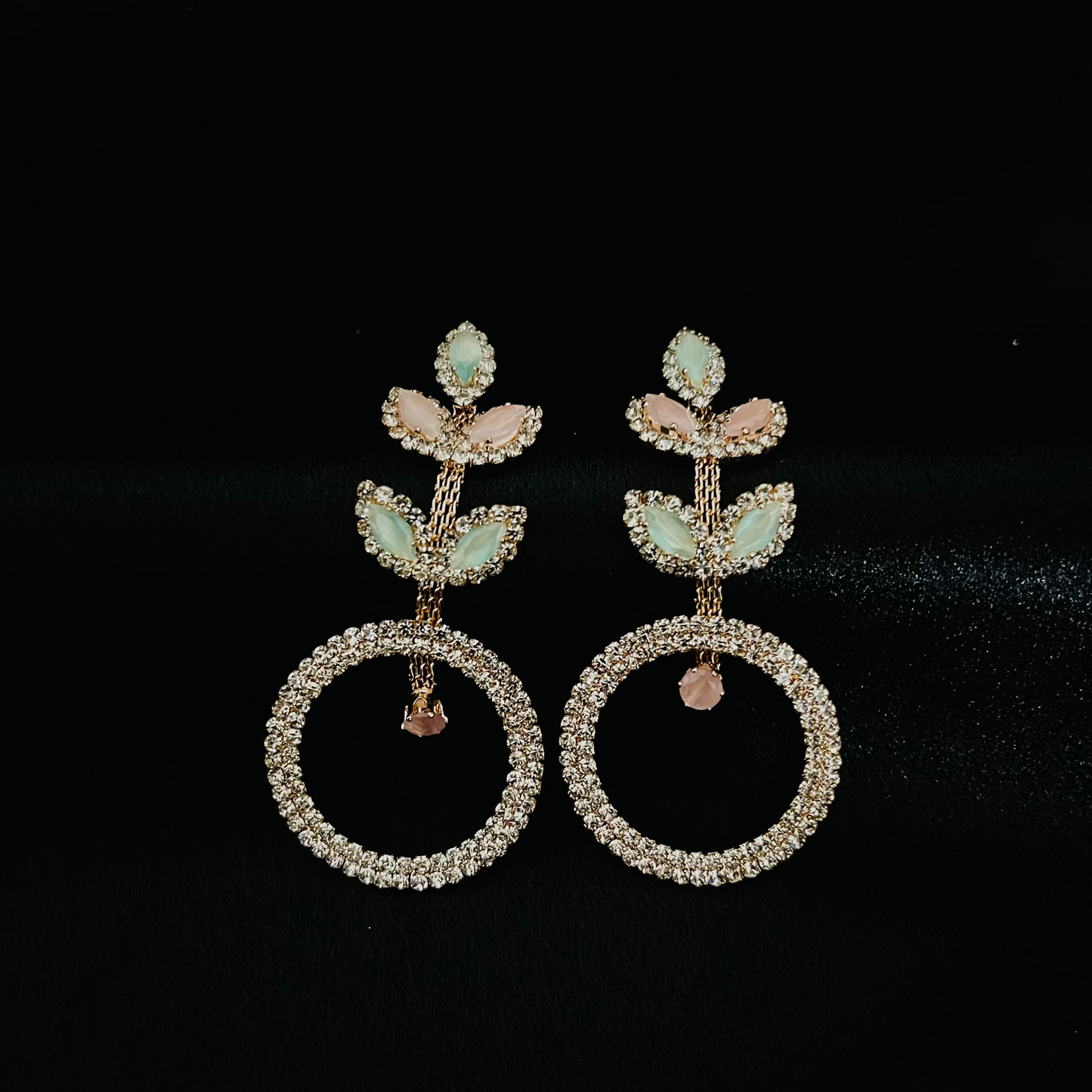 Floral Leaf Crystal Hoop Drop Earrings - Partywear