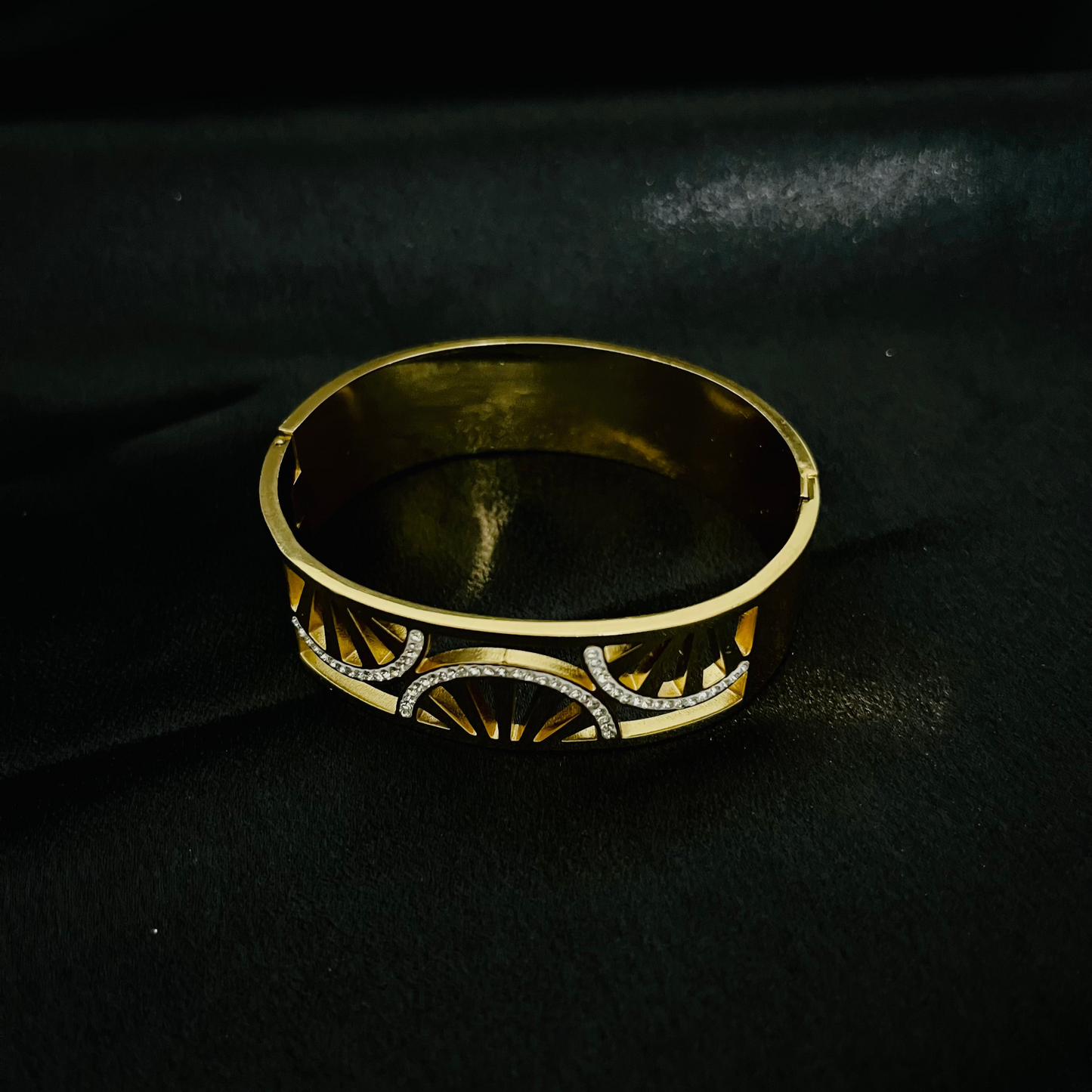 Luxury Gold-Plated Bracelet with Geometric Cutout & Crystal Detailing