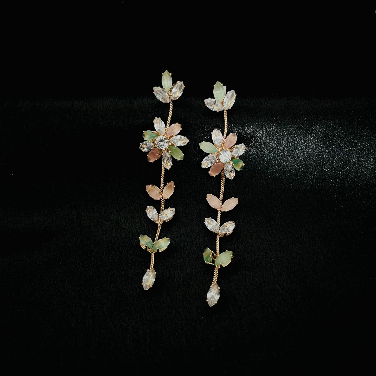 Elegant Long Floral Drop Earrings with Crystal and Pastel Accents - Party Wear