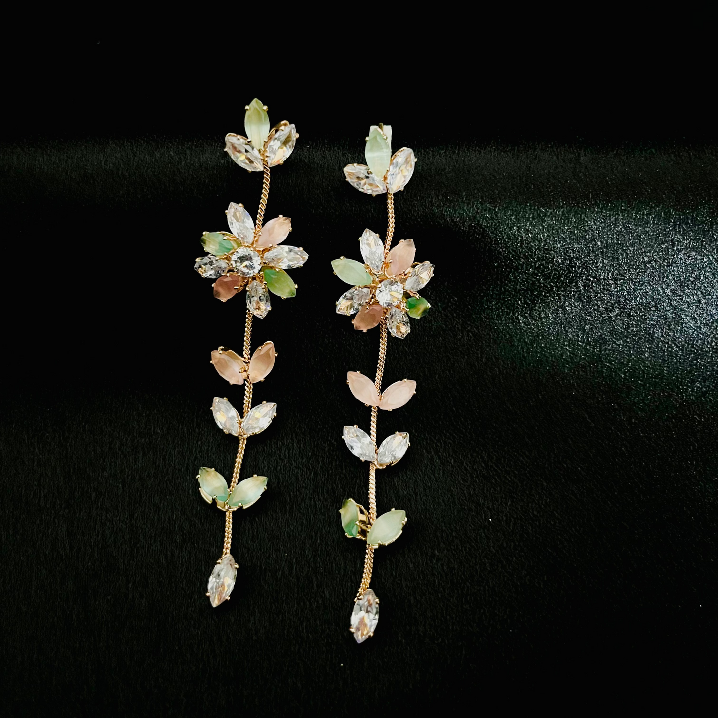 Elegant Long Floral Drop Earrings with Crystal and Pastel Accents - Party Wear