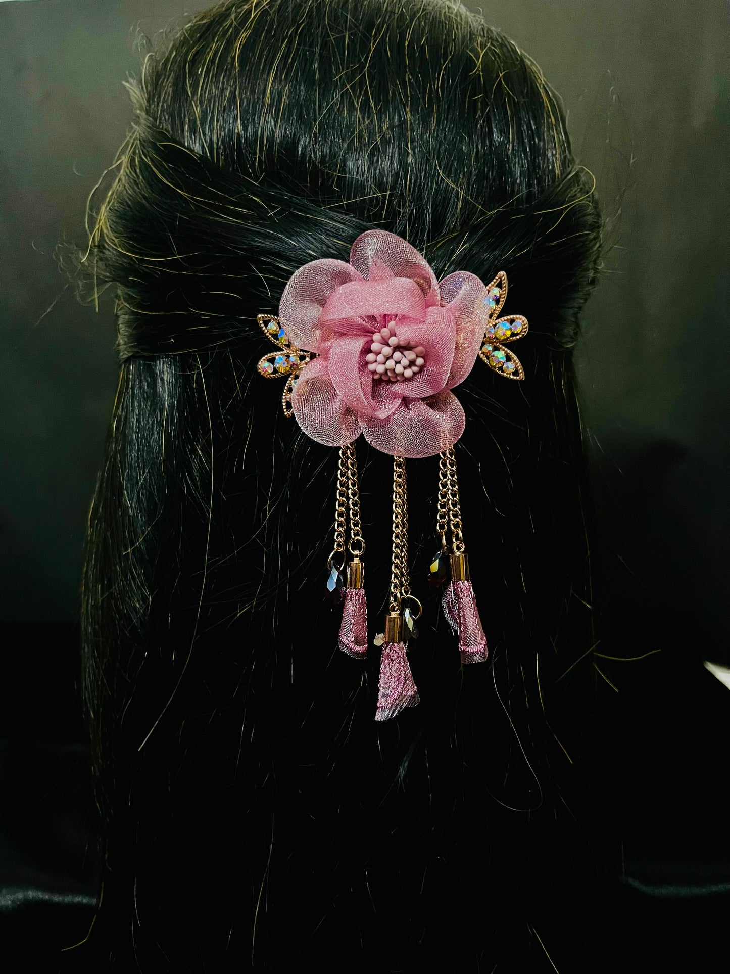Elegant Pink Floral Hair Clip with Crystal Detailing & Tassel Chains