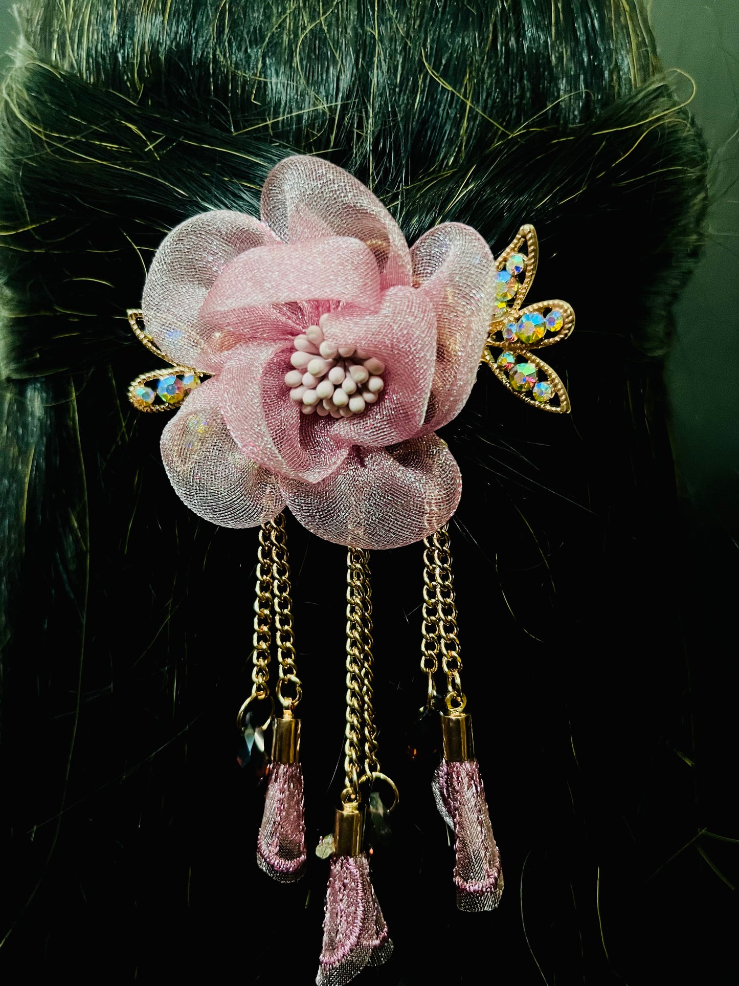 Elegant Pink Floral Hair Clip with Crystal Detailing & Tassel Chains