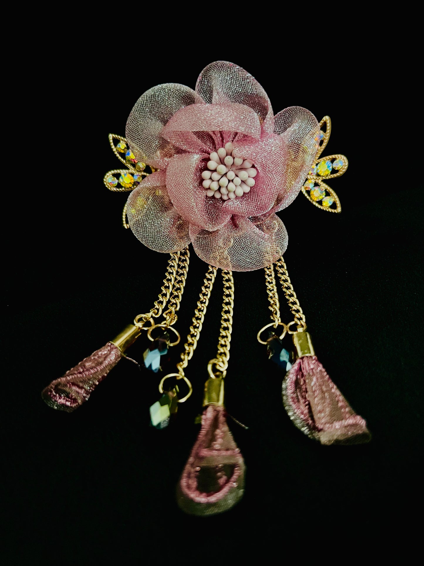 Elegant Pink Floral Hair Clip with Crystal Detailing & Tassel Chains