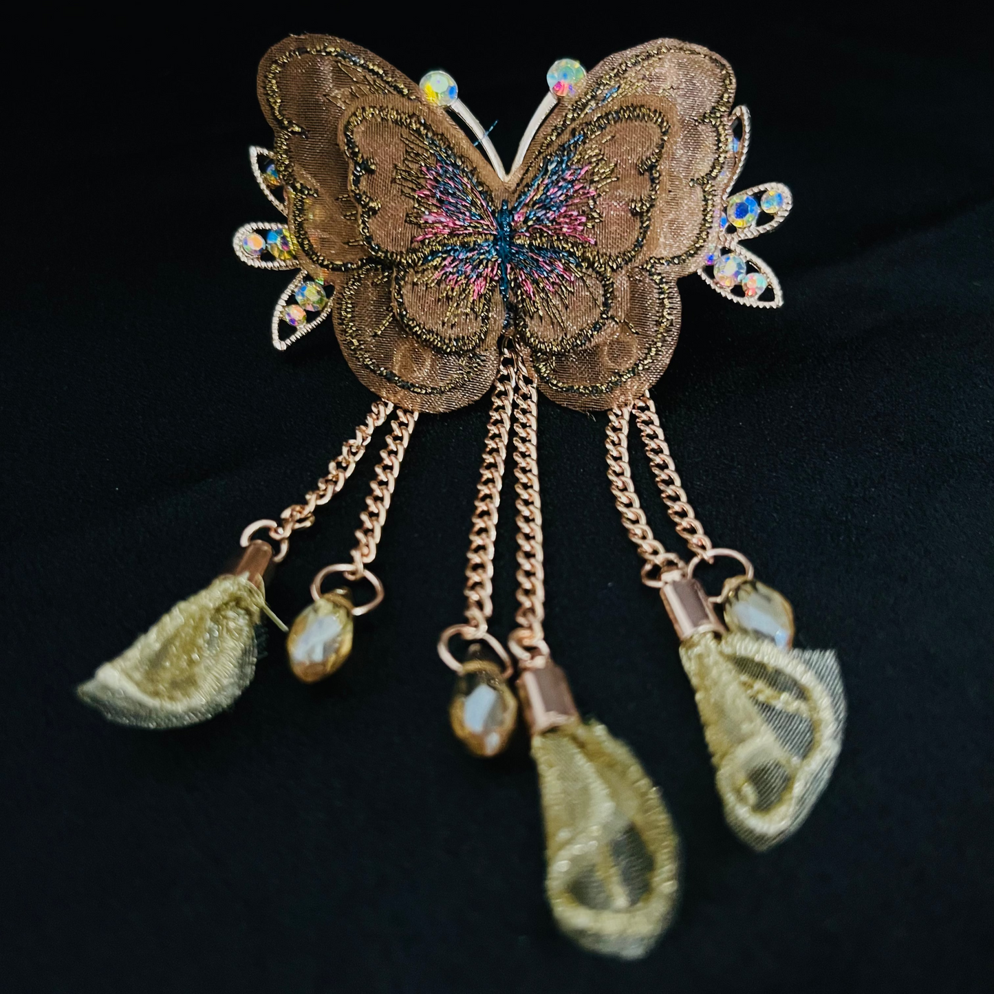 Elegant Brown Butterfly Hair Clutcher with Crystal and Dangling Chains