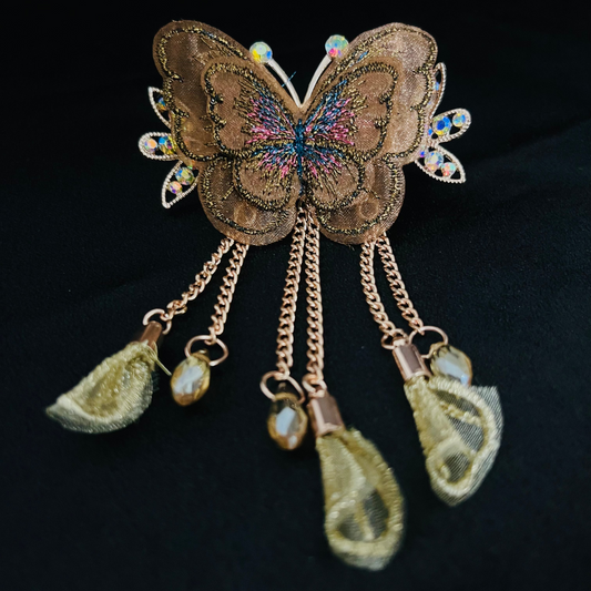 Elegant Brown Butterfly Hair Clutcher with Crystal and Dangling Chains