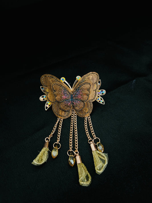 Elegant Brown Butterfly Hair Clutcher with Crystal and Dangling Chains