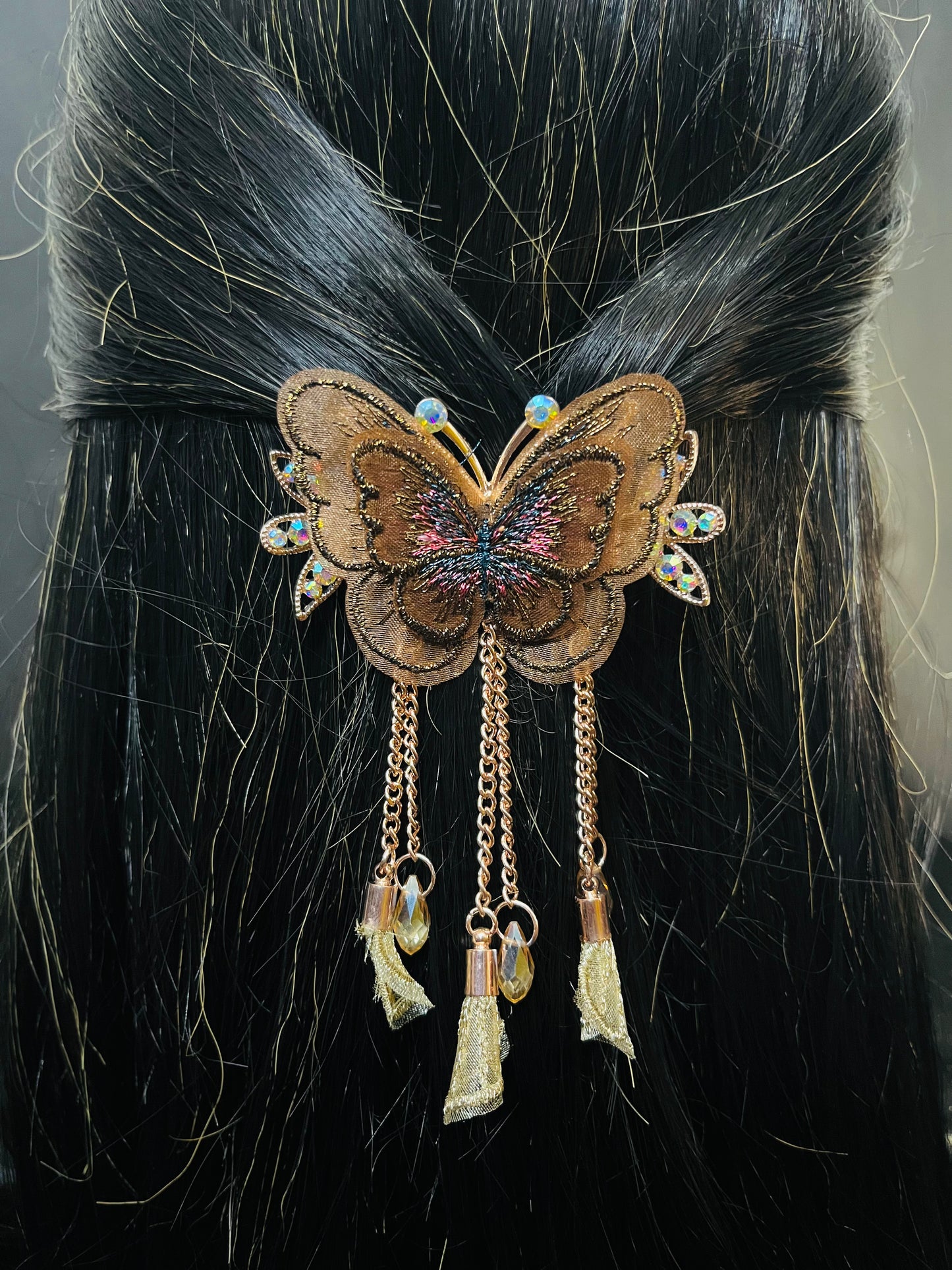 Elegant Brown Butterfly Hair Clutcher with Crystal and Dangling Chains