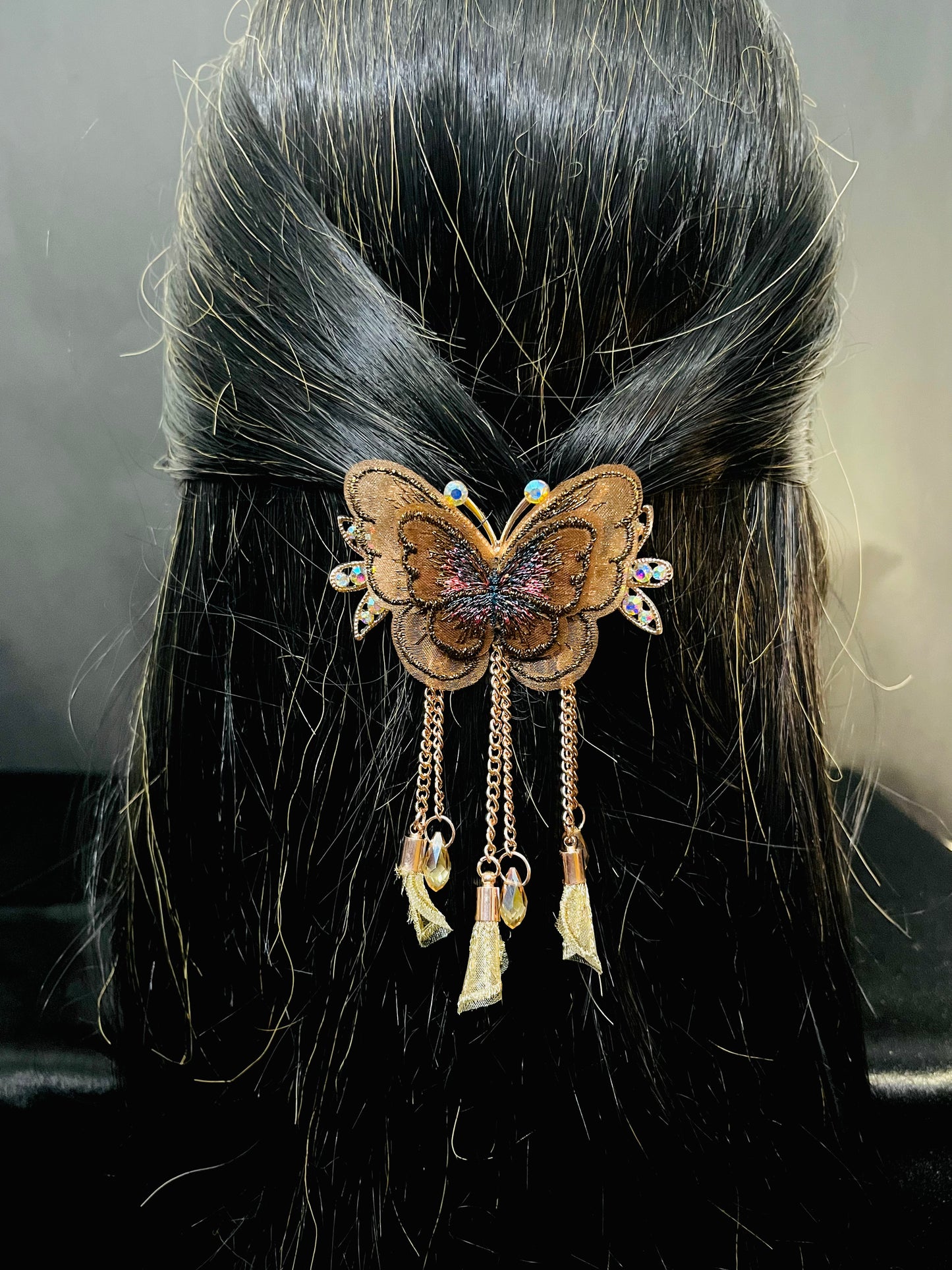 Elegant Brown Butterfly Hair Clutcher with Crystal and Dangling Chains