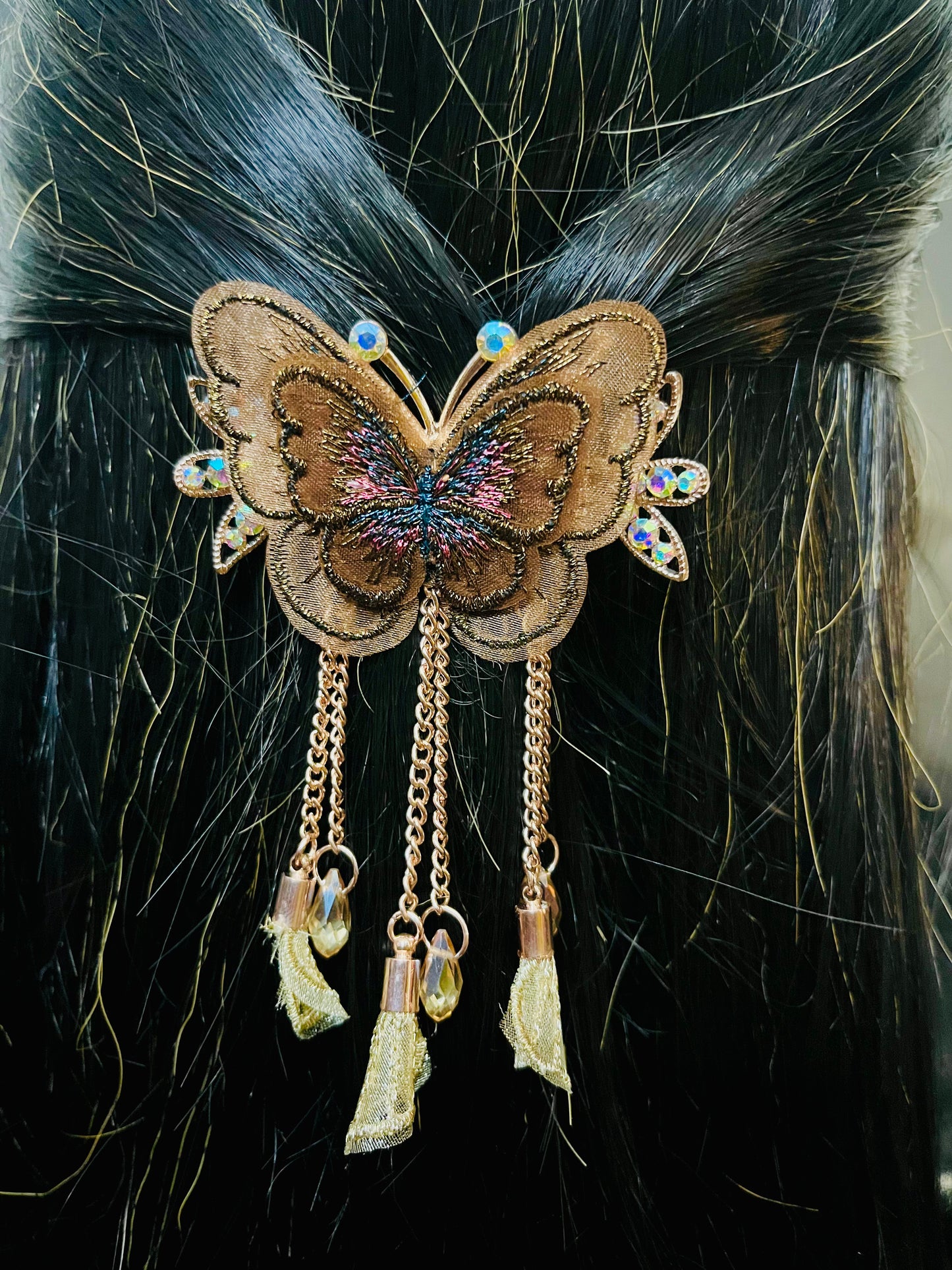 Elegant Brown Butterfly Hair Clutcher with Crystal and Dangling Chains