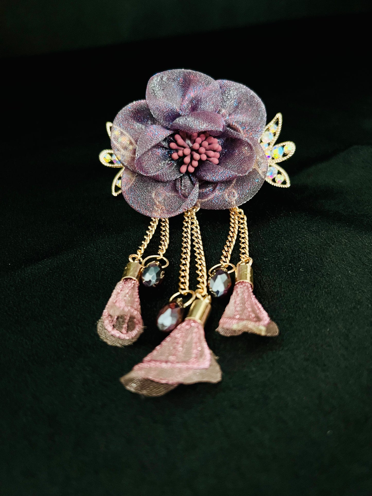 Elegant Purple Floral Hair Clip with Crystal Detailing & Tassel Chains