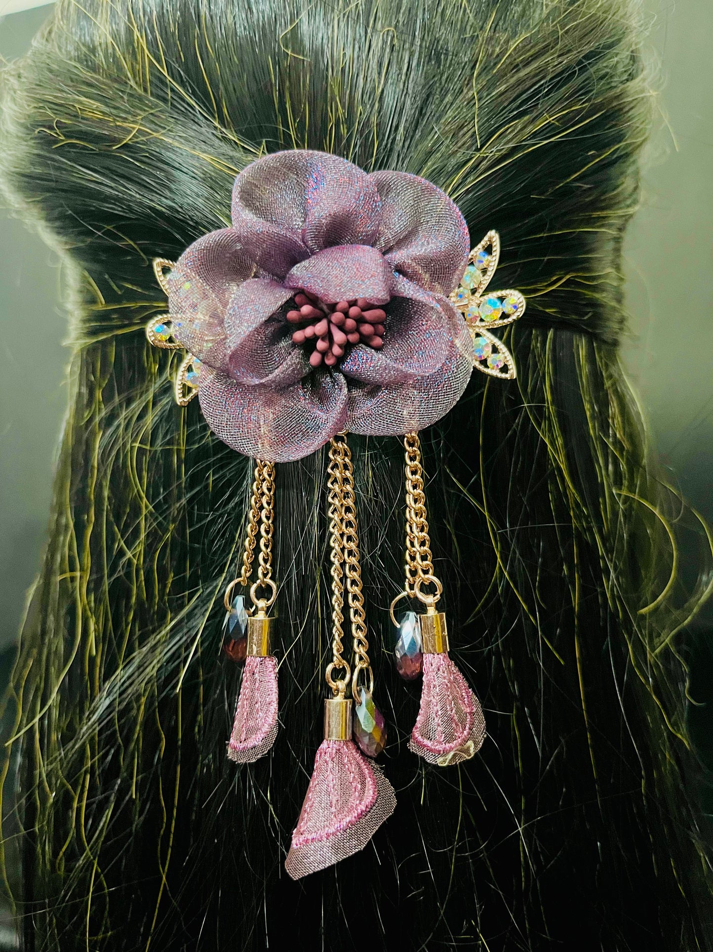 Elegant Purple Floral Hair Clip with Crystal Detailing & Tassel Chains